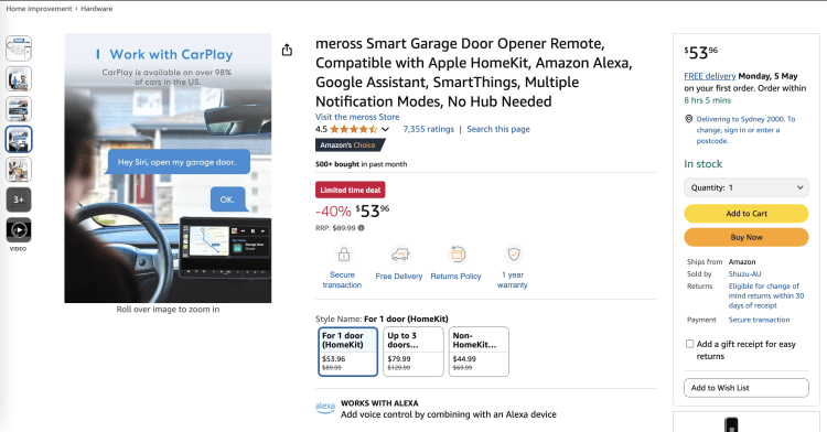 Amazon: Meross Smart Garage Door Opener Remote – $53.96 – 40% Off